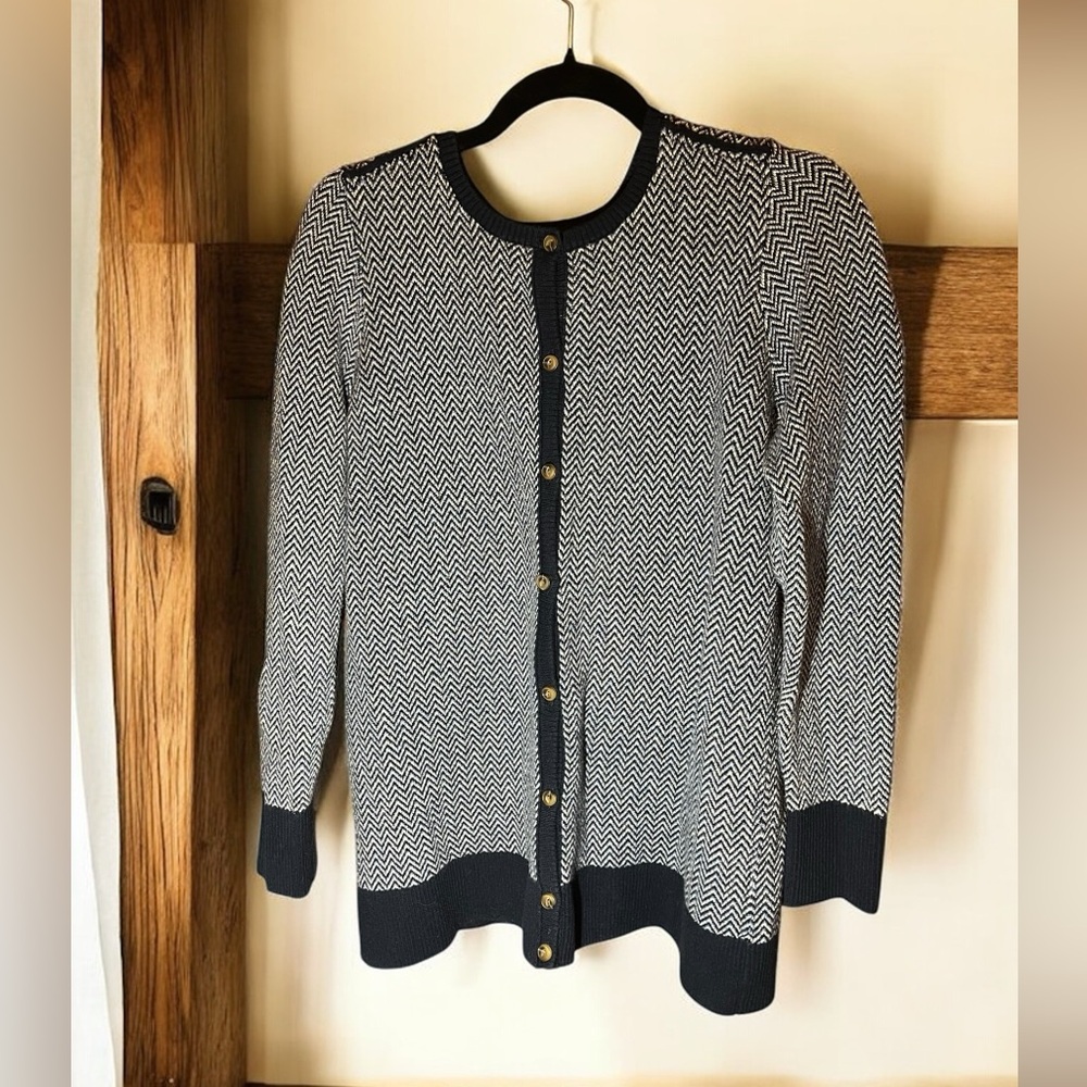LL Bean Women’s Cardigan Button Down Herringbone Navy Blue Cotton Cashmere